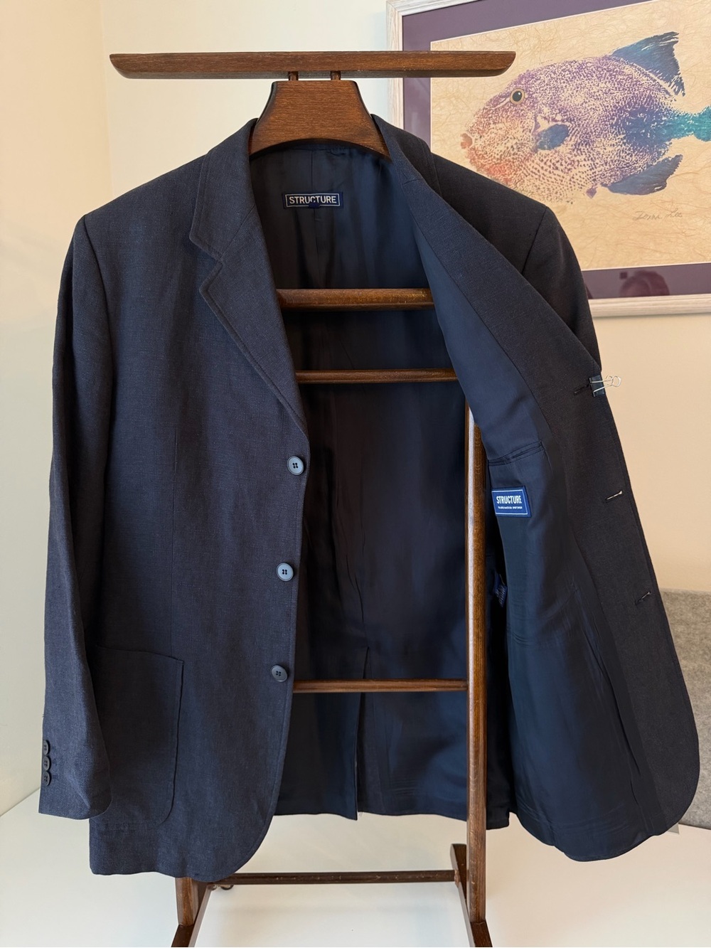 Structure Mens Linen Blazer‎ Sport Coat Size 38 Blue Unstructured Pockets